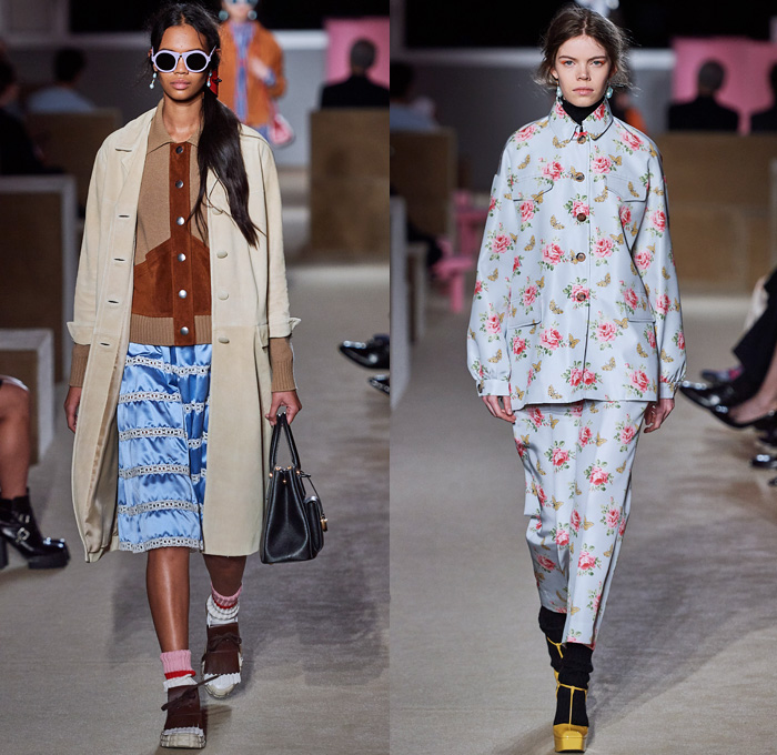 Prada 2020 Resort Cruise Pre-Spring Womens Runway Catwalk Looks Collection New York - Premonition Seditious Simplicity Knit Scarf Discs Flowers Floral Embroidery Tunic Long Sleeve Shirt Turtleneck Blazer Suede Coat V-Neck Sweater Vest Shorts Skirt Silk Satin Lace Stripes Loungewear Cargo Utility Pockets Maxi Dress Mix Prints Plaid Check Sunglasses Socks Sandals Bowling Handbag Backpack
