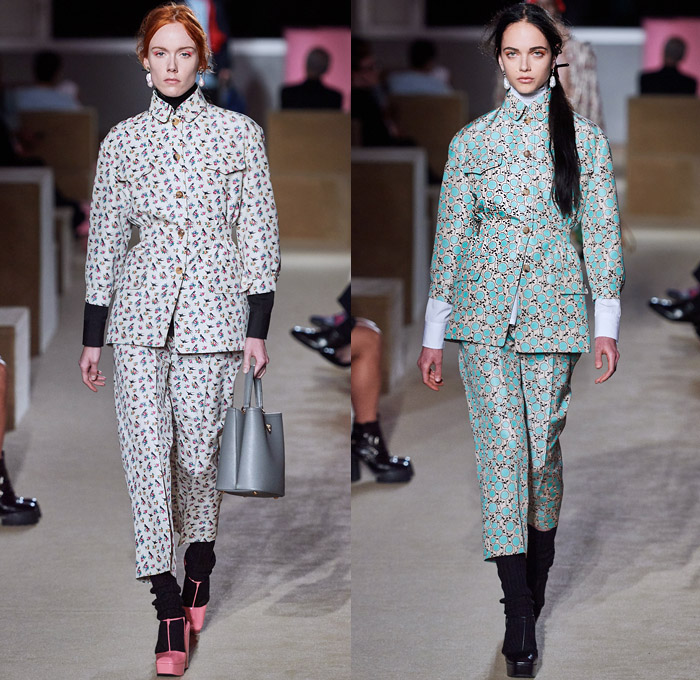 Prada 2020 Resort Cruise Pre-Spring Womens Runway Catwalk Looks Collection New York - Premonition Seditious Simplicity Knit Scarf Discs Flowers Floral Embroidery Tunic Long Sleeve Shirt Turtleneck Blazer Suede Coat V-Neck Sweater Vest Shorts Skirt Silk Satin Lace Stripes Loungewear Cargo Utility Pockets Maxi Dress Mix Prints Plaid Check Sunglasses Socks Sandals Bowling Handbag Backpack