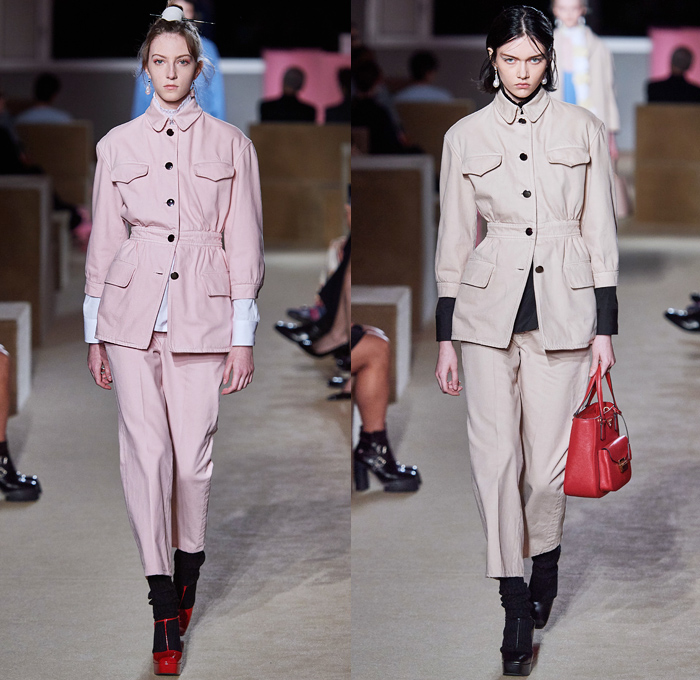 Prada 2020 Resort Cruise Pre-Spring Womens Runway Catwalk Looks Collection New York - Premonition Seditious Simplicity Knit Scarf Discs Flowers Floral Embroidery Tunic Long Sleeve Shirt Turtleneck Blazer Suede Coat V-Neck Sweater Vest Shorts Skirt Silk Satin Lace Stripes Loungewear Cargo Utility Pockets Maxi Dress Mix Prints Plaid Check Sunglasses Socks Sandals Bowling Handbag Backpack