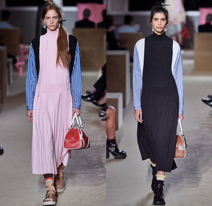 Prada 2020 Resort Cruise Pre-Spring Womens Runway Catwalk Looks Collection New York - Premonition Seditious Simplicity Knit Scarf Discs Flowers Floral Embroidery Tunic Long Sleeve Shirt Turtleneck Blazer Suede Coat V-Neck Sweater Vest Shorts Skirt Silk Satin Lace Stripes Loungewear Cargo Utility Pockets Maxi Dress Mix Prints Plaid Check Sunglasses Socks Sandals Bowling Handbag Backpack