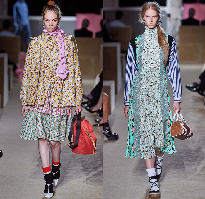 Prada 2020 Resort Cruise Pre-Spring Womens Runway Catwalk Looks Collection New York - Premonition Seditious Simplicity Knit Scarf Discs Flowers Floral Embroidery Tunic Long Sleeve Shirt Turtleneck Blazer Suede Coat V-Neck Sweater Vest Shorts Skirt Silk Satin Lace Stripes Loungewear Cargo Utility Pockets Maxi Dress Mix Prints Plaid Check Sunglasses Socks Sandals Bowling Handbag Backpack