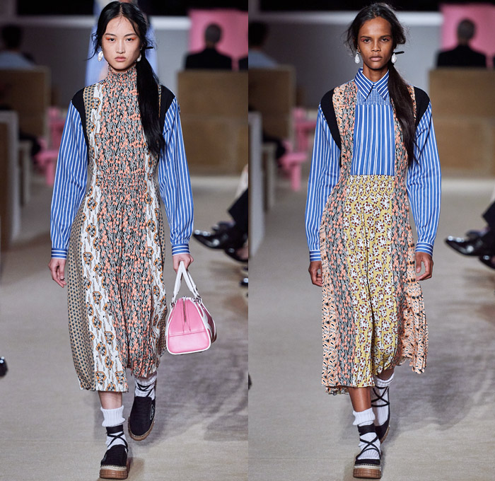 Prada 2020 Resort Cruise Pre-Spring Womens Runway Catwalk Looks Collection New York - Premonition Seditious Simplicity Knit Scarf Discs Flowers Floral Embroidery Tunic Long Sleeve Shirt Turtleneck Blazer Suede Coat V-Neck Sweater Vest Shorts Skirt Silk Satin Lace Stripes Loungewear Cargo Utility Pockets Maxi Dress Mix Prints Plaid Check Sunglasses Socks Sandals Bowling Handbag Backpack