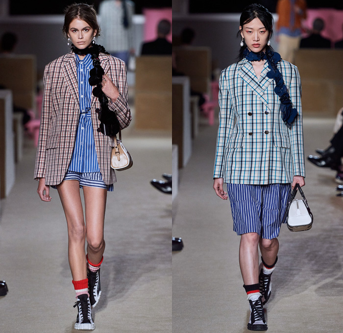 Prada 2020 Resort Cruise Pre-Spring Womens Runway Catwalk Looks Collection New York - Premonition Seditious Simplicity Knit Scarf Discs Flowers Floral Embroidery Tunic Long Sleeve Shirt Turtleneck Blazer Suede Coat V-Neck Sweater Vest Shorts Skirt Silk Satin Lace Stripes Loungewear Cargo Utility Pockets Maxi Dress Mix Prints Plaid Check Sunglasses Socks Sandals Bowling Handbag Backpack