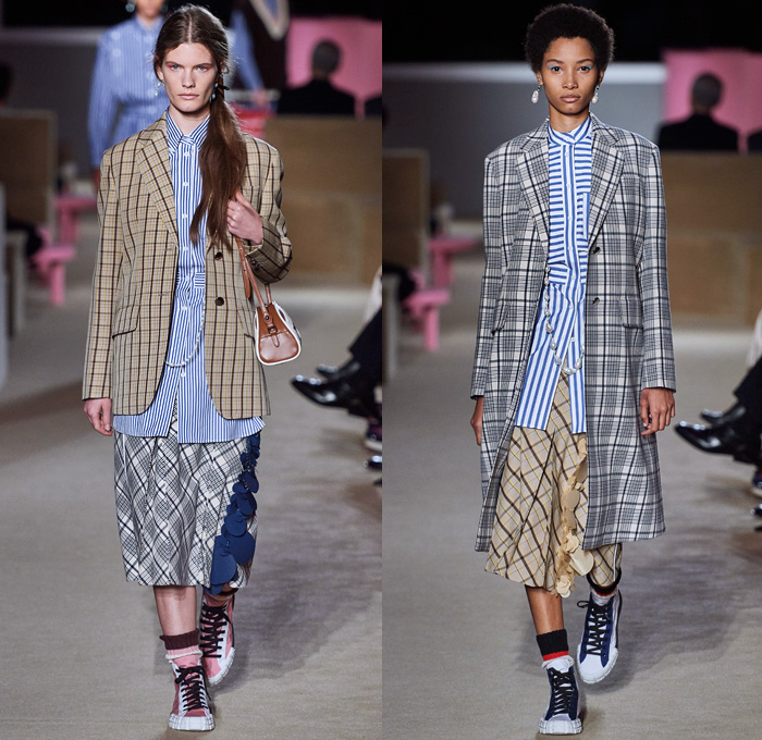 Prada 2020 Resort Cruise Pre-Spring Womens Runway Catwalk Looks Collection New York - Premonition Seditious Simplicity Knit Scarf Discs Flowers Floral Embroidery Tunic Long Sleeve Shirt Turtleneck Blazer Suede Coat V-Neck Sweater Vest Shorts Skirt Silk Satin Lace Stripes Loungewear Cargo Utility Pockets Maxi Dress Mix Prints Plaid Check Sunglasses Socks Sandals Bowling Handbag Backpack