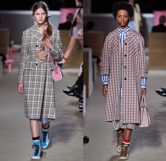 Prada 2020 Resort Cruise Pre-Spring Womens Runway Catwalk Looks Collection New York - Premonition Seditious Simplicity Knit Scarf Discs Flowers Floral Embroidery Tunic Long Sleeve Shirt Turtleneck Blazer Suede Coat V-Neck Sweater Vest Shorts Skirt Silk Satin Lace Stripes Loungewear Cargo Utility Pockets Maxi Dress Mix Prints Plaid Check Sunglasses Socks Sandals Bowling Handbag Backpack