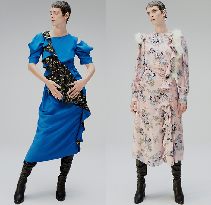 Preen by Thornton Bregazzi 2020 Resort Cruise Pre-Spring Womens Lookbook Presentation - Japonism Kimono Maxi Dress Cherry Blossoms Flowers Floral Woodblock Dragon Scale Snakeskin Serpent Print Marabou Feathers Bedazzled Sequins Leather Wide Belt Silk Ruffles Sash Cutout Poufy Shoulders Sheer Chiffon Tulle Lace Embroidery TB Earrings Blouse Paper Bag Waist Midi Skirt Cargo Utility Pockets Accordion Pleats Hoodie Turtleneck Knit Sweater Tied Front Trench Coat Thigh High Boots