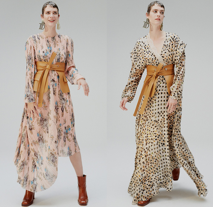 Preen by Thornton Bregazzi 2020 Resort Cruise Pre-Spring Womens Lookbook Presentation - Japonism Kimono Maxi Dress Cherry Blossoms Flowers Floral Woodblock Dragon Scale Snakeskin Serpent Print Marabou Feathers Bedazzled Sequins Leather Wide Belt Silk Ruffles Sash Cutout Poufy Shoulders Sheer Chiffon Tulle Lace Embroidery TB Earrings Blouse Paper Bag Waist Midi Skirt Cargo Utility Pockets Accordion Pleats Hoodie Turtleneck Knit Sweater Tied Front Trench Coat Thigh High Boots