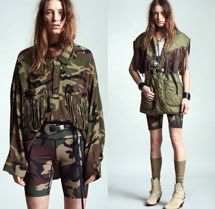 R13 by Chris Leba 2020 Resort Cruise Pre-Spring Womens Lookbook Presentation - Camouflage Camo Fatigues Military Urban High Streetwear Fringes Leather Bolo Tie Bicycle Cycling Bike Compression Shorts Animal Spots Leopard Lace Cutwork Western Blouse Shirt Quilted Puffer Vest Dark Wash Skinny Denim Jeans Wool Coat Sheer Patchwork Leggings Tights Bedazzled Sequins Embroidery Blazer Hoodie Sweatshirt Tiered Miniskirt Floral Peasant Dress Pantsuit Motorcycle Biker Jacket Boots