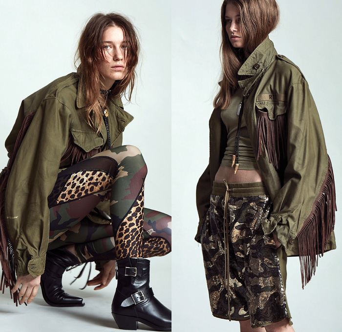 R13 by Chris Leba 2020 Resort Cruise Pre-Spring Womens Lookbook Presentation - Camouflage Camo Fatigues Military Urban High Streetwear Fringes Leather Bolo Tie Bicycle Cycling Bike Compression Shorts Animal Spots Leopard Lace Cutwork Western Blouse Shirt Quilted Puffer Vest Dark Wash Skinny Denim Jeans Wool Coat Sheer Patchwork Leggings Tights Bedazzled Sequins Embroidery Blazer Hoodie Sweatshirt Tiered Miniskirt Floral Peasant Dress Pantsuit Motorcycle Biker Jacket Boots
