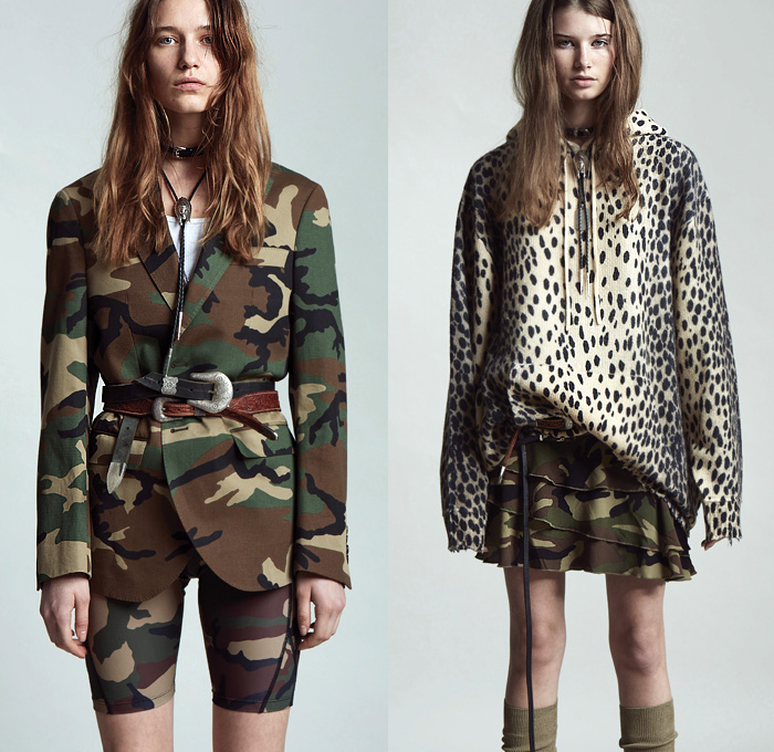 R13 by Chris Leba 2020 Resort Cruise Pre-Spring Womens Lookbook Presentation - Camouflage Camo Fatigues Military Urban High Streetwear Fringes Leather Bolo Tie Bicycle Cycling Bike Compression Shorts Animal Spots Leopard Lace Cutwork Western Blouse Shirt Quilted Puffer Vest Dark Wash Skinny Denim Jeans Wool Coat Sheer Patchwork Leggings Tights Bedazzled Sequins Embroidery Blazer Hoodie Sweatshirt Tiered Miniskirt Floral Peasant Dress Pantsuit Motorcycle Biker Jacket Boots