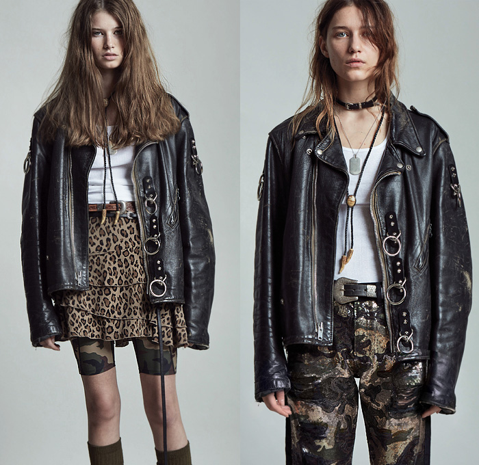 R13 by Chris Leba 2020 Resort Cruise Pre-Spring Womens Lookbook Presentation - Camouflage Camo Fatigues Military Urban High Streetwear Fringes Leather Bolo Tie Bicycle Cycling Bike Compression Shorts Animal Spots Leopard Lace Cutwork Western Blouse Shirt Quilted Puffer Vest Dark Wash Skinny Denim Jeans Wool Coat Sheer Patchwork Leggings Tights Bedazzled Sequins Embroidery Blazer Hoodie Sweatshirt Tiered Miniskirt Floral Peasant Dress Pantsuit Motorcycle Biker Jacket Boots