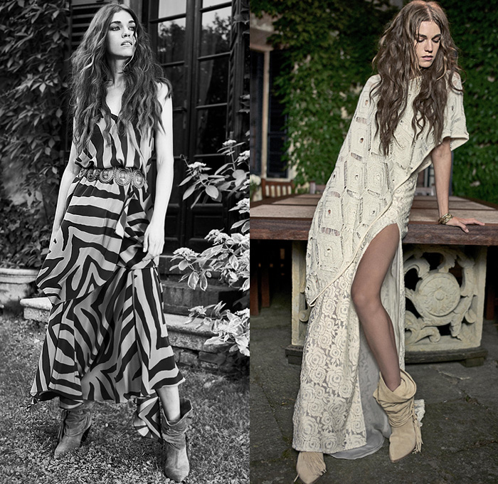 Redemption 2020 Resort Cruise Pre-Spring Womens Lookbook Presentation - Heavy Metal Rock n Roll Bohemian Boho Chic Tiles Denim Jeans Shirtdress Onesie Studs Cutoffs Shorts Tie Dye Swimwear Swimsuit Zebra Stripes Noodle Strap Ruffles Dress Lace Embroidery Needlework Cutwork Mesh Sweater Poufy Shoulders Unitard Sheer Chiffon Blouse Cinch Wrap Tied Knot Strapless Halterneck One Shoulder Pantsuit Medallion Belt Boots