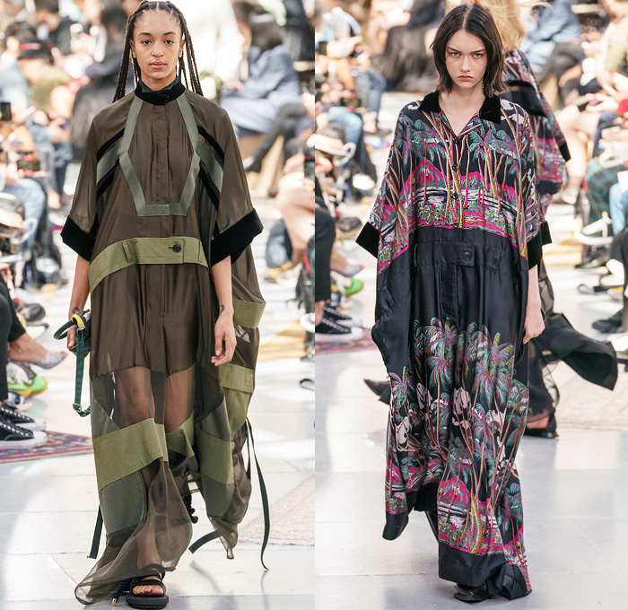 Sacai by Chitose Abe 2020 Resort Cruise Pre-Spring Womens Runway Catwalk Looks Collection - Raw Dry Selvedge Denim Jeans Knit Zebra Cargo Utility Pockets Skirt Silk Satin Sheer Shirtdress Onesie Caftan Coveralls Palm Coconut Trees Print Trench Coat Bedazzled Sequins Metal Hardware Adorned Slouchy Sleeveless Tabard Blazer Strap Shorts Handbag Basket Sandals Floppy Hat