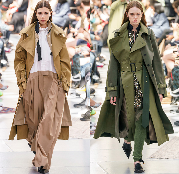 Sacai by Chitose Abe 2020 Resort Cruise Pre-Spring Womens Runway Catwalk Looks Collection - Raw Dry Selvedge Denim Jeans Knit Zebra Cargo Utility Pockets Skirt Silk Satin Sheer Shirtdress Onesie Caftan Coveralls Palm Coconut Trees Print Trench Coat Bedazzled Sequins Metal Hardware Adorned Slouchy Sleeveless Tabard Blazer Strap Shorts Handbag Basket Sandals Floppy Hat