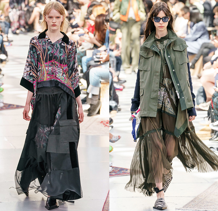 Sacai by Chitose Abe 2020 Resort Cruise Pre-Spring Womens Runway Catwalk Looks Collection - Raw Dry Selvedge Denim Jeans Knit Zebra Cargo Utility Pockets Skirt Silk Satin Sheer Shirtdress Onesie Caftan Coveralls Palm Coconut Trees Print Trench Coat Bedazzled Sequins Metal Hardware Adorned Slouchy Sleeveless Tabard Blazer Strap Shorts Handbag Basket Sandals Floppy Hat