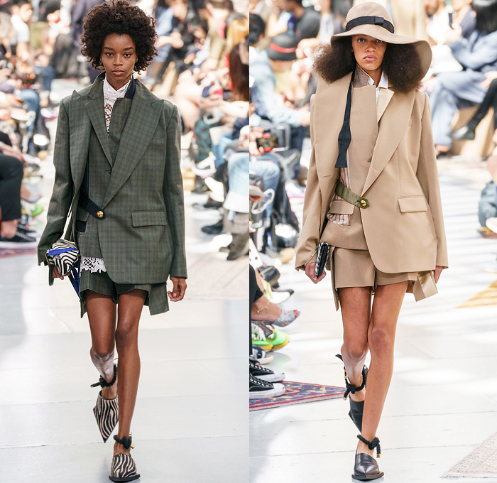 Sacai by Chitose Abe 2020 Resort Cruise Pre-Spring Womens Runway Catwalk Looks Collection - Raw Dry Selvedge Denim Jeans Knit Zebra Cargo Utility Pockets Skirt Silk Satin Sheer Shirtdress Onesie Caftan Coveralls Palm Coconut Trees Print Trench Coat Bedazzled Sequins Metal Hardware Adorned Slouchy Sleeveless Tabard Blazer Strap Shorts Handbag Basket Sandals Floppy Hat
