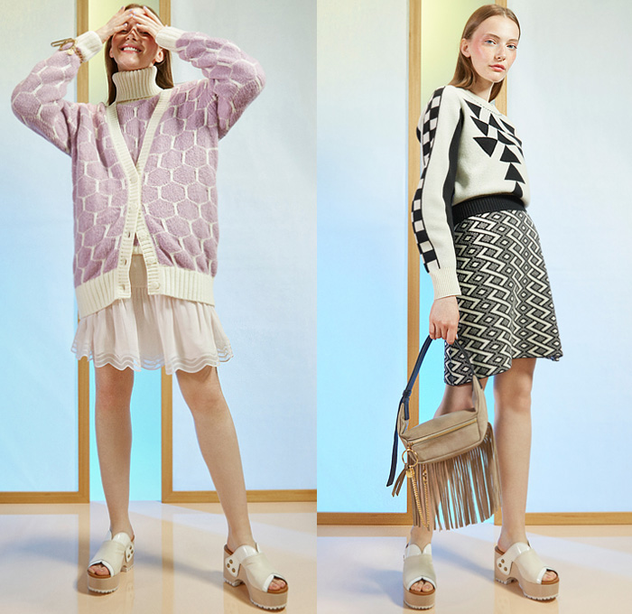 See by Chloé 2020 Resort Cruise Pre-Spring Womens Lookbook Presentation - Tokyo By Night Quilted Puffer Shearling Fur Coat Frayed Denim Jeans Poncho Knit Cardigan Turtleneck Sweater Geometric Sailor Collar Waves Sheer Chiffon Ruffles Tiered Dress Lace Cutwork Mesh Leaves Foliage Tied Knot Striped Leggings Compression Shorts Tights Pencil Skirt Hearts Tiles Handbag Fanny Pack Waist Pouch Bum Bag Platform Sandals Trainers