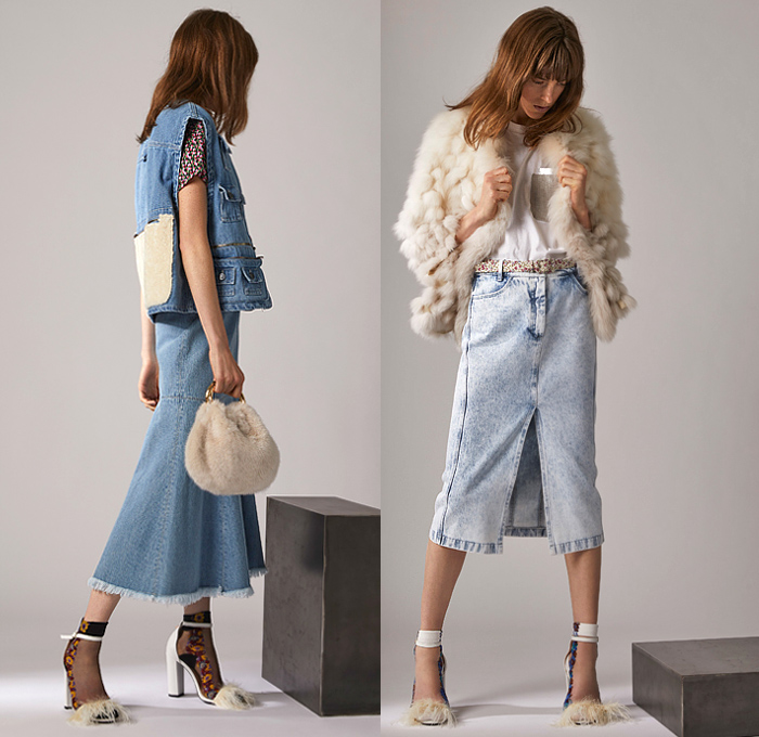 Simonetta Ravizza 2020 Resort Cruise Pre-Spring Womens Lookbook Presentation - Faded Denim Jeans Vest Cargo Utility Pockets Flowers Floral Print Dress Fur Plush Leopard Coat Blazer Anorak  Sheer Tulle Vinyl PVC Zipper Cutout Frayed Raw Hem Skirt Metallic Silver Shorts Mesh Drawstring Tabard Handmaid Hat Bonnet Plaid Check Slouchy Pants Handbag Pouch Feathers