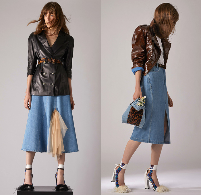 Simonetta Ravizza 2020 Resort Cruise Pre-Spring Womens Lookbook Presentation - Faded Denim Jeans Vest Cargo Utility Pockets Flowers Floral Print Dress Fur Plush Leopard Coat Blazer Anorak  Sheer Tulle Vinyl PVC Zipper Cutout Frayed Raw Hem Skirt Metallic Silver Shorts Mesh Drawstring Tabard Handmaid Hat Bonnet Plaid Check Slouchy Pants Handbag Pouch Feathers