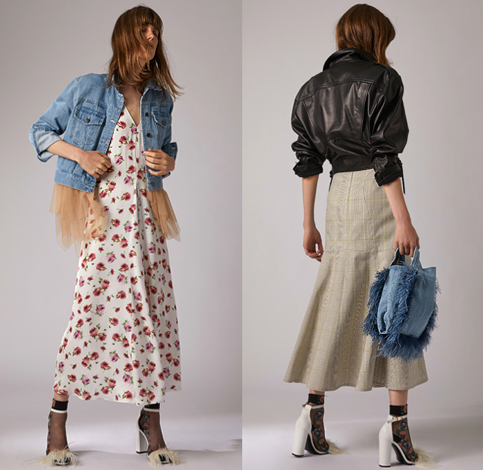 Simonetta Ravizza 2020 Resort Cruise Pre-Spring Womens Lookbook Presentation - Faded Denim Jeans Vest Cargo Utility Pockets Flowers Floral Print Dress Fur Plush Leopard Coat Blazer Anorak  Sheer Tulle Vinyl PVC Zipper Cutout Frayed Raw Hem Skirt Metallic Silver Shorts Mesh Drawstring Tabard Handmaid Hat Bonnet Plaid Check Slouchy Pants Handbag Pouch Feathers