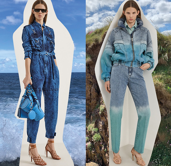 Stella McCartney 2020 Resort Cruise Pre-Spring Womens Lookbook Presentation - Forces For Nature We Are The Weather Watercolor Drawings Scribbles Horses Sun Clouds Trompe L'oeil Flowers Floral Dress Acid Wash Denim Jeans Onesie Jumpsuit Coveralls Ombré Leopard Cheetah Fur Blouse Knit Sweater Straps Cap Sleeve Cargo Pockets One Shoulder Curved Neckline Sheer Tulle Prairie Dress Trench Coat Threads Pantsuit Motorcycle Biker Pants Canister Handbag Fishnet Heels