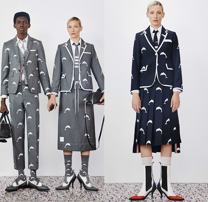 Thom Browne 2020 Resort Cruise Pre-Spring Womens Mens Lookbook Presentation - Dolphin Diving Motif Patches Embroidery Flowers Floral Foliage Starfish Fish Ocean Life Pantsuit Suit Blazer Varsity Jacket Layers Neck Tie Blouse Shirt Seersucker Stripes Plaid Check Accordion Pleats Sweaterdress Tweed Frayed Raw Hem Fur Wool Coat Cropped Pants Shorts Skirt Manskirt Kilt Shirtdress Baseball Cap Dolphin Dog Handbag Tote Briefcase Socks Kitten Heels Galoshes 