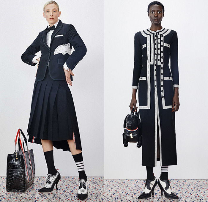 Thom Browne 2020 Resort Cruise Pre-Spring Womens Mens Lookbook Presentation - Dolphin Diving Motif Patches Embroidery Flowers Floral Foliage Starfish Fish Ocean Life Pantsuit Suit Blazer Varsity Jacket Layers Neck Tie Blouse Shirt Seersucker Stripes Plaid Check Accordion Pleats Sweaterdress Tweed Frayed Raw Hem Fur Wool Coat Cropped Pants Shorts Skirt Manskirt Kilt Shirtdress Baseball Cap Dolphin Dog Handbag Tote Briefcase Socks Kitten Heels Galoshes 