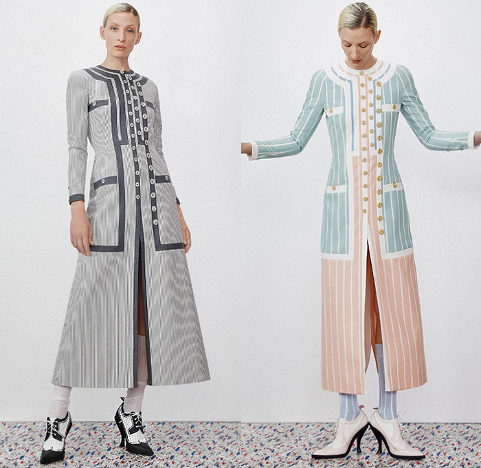 Thom Browne 2020 Resort Cruise Pre-Spring Womens Mens Lookbook Presentation - Dolphin Diving Motif Patches Embroidery Flowers Floral Foliage Starfish Fish Ocean Life Pantsuit Suit Blazer Varsity Jacket Layers Neck Tie Blouse Shirt Seersucker Stripes Plaid Check Accordion Pleats Sweaterdress Tweed Frayed Raw Hem Fur Wool Coat Cropped Pants Shorts Skirt Manskirt Kilt Shirtdress Baseball Cap Dolphin Dog Handbag Tote Briefcase Socks Kitten Heels Galoshes 