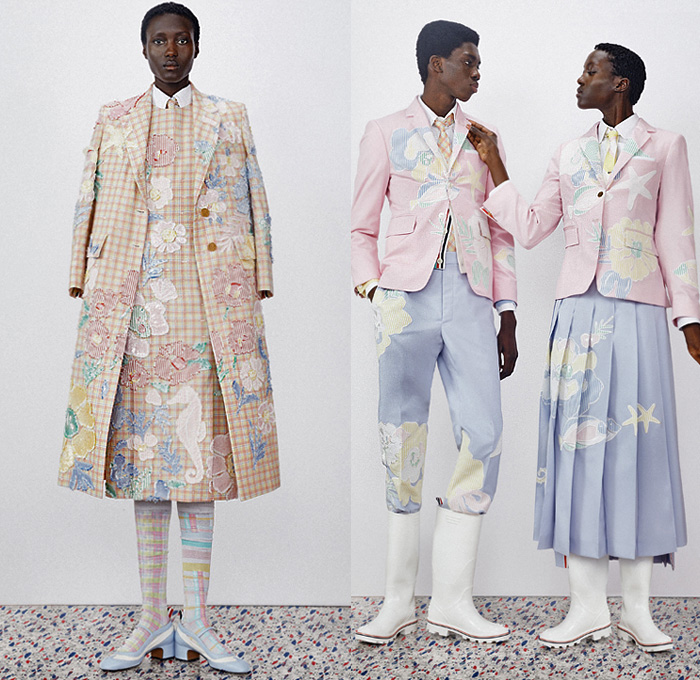 Thom Browne 2020 Resort Cruise Pre-Spring Womens Mens Lookbook Presentation - Dolphin Diving Motif Patches Embroidery Flowers Floral Foliage Starfish Fish Ocean Life Pantsuit Suit Blazer Varsity Jacket Layers Neck Tie Blouse Shirt Seersucker Stripes Plaid Check Accordion Pleats Sweaterdress Tweed Frayed Raw Hem Fur Wool Coat Cropped Pants Shorts Skirt Manskirt Kilt Shirtdress Baseball Cap Dolphin Dog Handbag Tote Briefcase Socks Kitten Heels Galoshes 