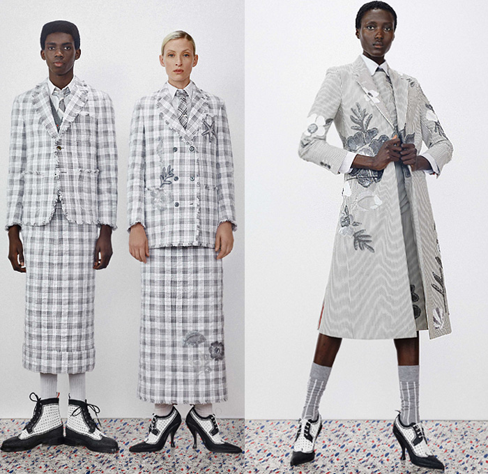 Thom Browne 2020 Resort Cruise Pre-Spring Womens Mens Lookbook Presentation - Dolphin Diving Motif Patches Embroidery Flowers Floral Foliage Starfish Fish Ocean Life Pantsuit Suit Blazer Varsity Jacket Layers Neck Tie Blouse Shirt Seersucker Stripes Plaid Check Accordion Pleats Sweaterdress Tweed Frayed Raw Hem Fur Wool Coat Cropped Pants Shorts Skirt Manskirt Kilt Shirtdress Baseball Cap Dolphin Dog Handbag Tote Briefcase Socks Kitten Heels Galoshes 