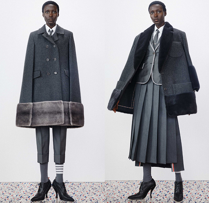 Thom Browne 2020 Resort Cruise Pre-Spring Womens Mens Lookbook Presentation - Dolphin Diving Motif Patches Embroidery Flowers Floral Foliage Starfish Fish Ocean Life Pantsuit Suit Blazer Varsity Jacket Layers Neck Tie Blouse Shirt Seersucker Stripes Plaid Check Accordion Pleats Sweaterdress Tweed Frayed Raw Hem Fur Wool Coat Cropped Pants Shorts Skirt Manskirt Kilt Shirtdress Baseball Cap Dolphin Dog Handbag Tote Briefcase Socks Kitten Heels Galoshes 