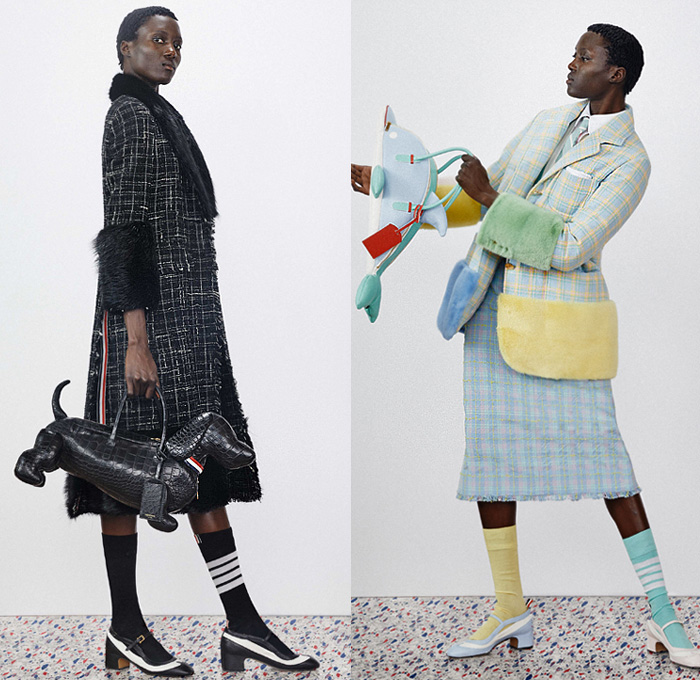 Thom Browne 2020 Resort Cruise Pre-Spring Womens Mens Lookbook Presentation - Dolphin Diving Motif Patches Embroidery Flowers Floral Foliage Starfish Fish Ocean Life Pantsuit Suit Blazer Varsity Jacket Layers Neck Tie Blouse Shirt Seersucker Stripes Plaid Check Accordion Pleats Sweaterdress Tweed Frayed Raw Hem Fur Wool Coat Cropped Pants Shorts Skirt Manskirt Kilt Shirtdress Baseball Cap Dolphin Dog Handbag Tote Briefcase Socks Kitten Heels Galoshes 