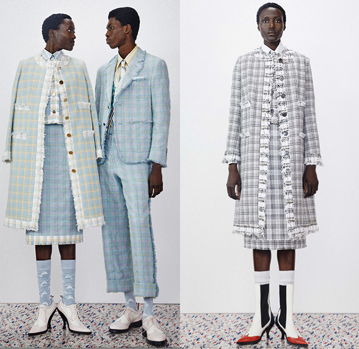 Thom Browne 2020 Resort Cruise Pre-Spring Womens Mens Lookbook Presentation - Dolphin Diving Motif Patches Embroidery Flowers Floral Foliage Starfish Fish Ocean Life Pantsuit Suit Blazer Varsity Jacket Layers Neck Tie Blouse Shirt Seersucker Stripes Plaid Check Accordion Pleats Sweaterdress Tweed Frayed Raw Hem Fur Wool Coat Cropped Pants Shorts Skirt Manskirt Kilt Shirtdress Baseball Cap Dolphin Dog Handbag Tote Briefcase Socks Kitten Heels Galoshes 