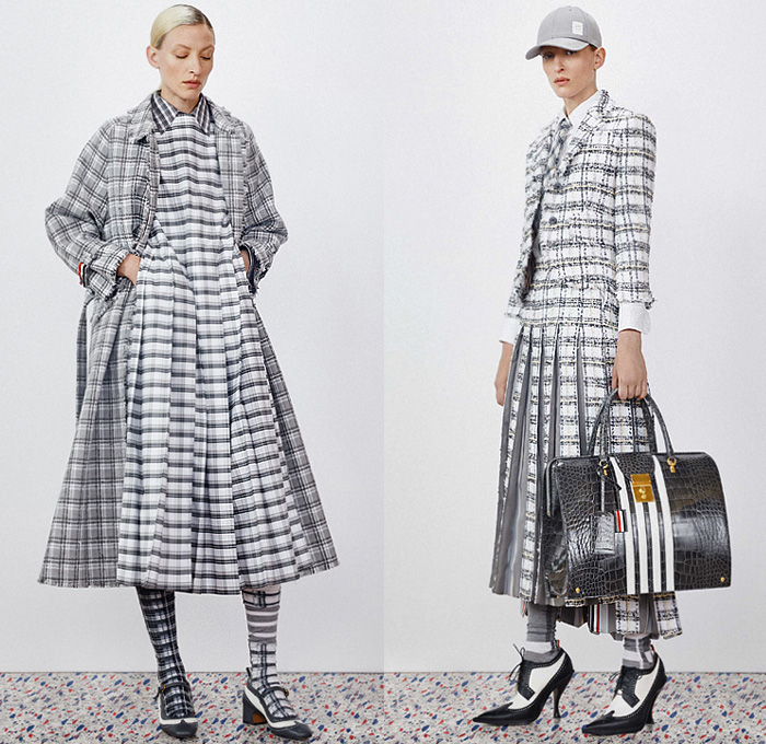 Thom Browne 2020 Resort Cruise Pre-Spring Womens Mens Lookbook Presentation - Dolphin Diving Motif Patches Embroidery Flowers Floral Foliage Starfish Fish Ocean Life Pantsuit Suit Blazer Varsity Jacket Layers Neck Tie Blouse Shirt Seersucker Stripes Plaid Check Accordion Pleats Sweaterdress Tweed Frayed Raw Hem Fur Wool Coat Cropped Pants Shorts Skirt Manskirt Kilt Shirtdress Baseball Cap Dolphin Dog Handbag Tote Briefcase Socks Kitten Heels Galoshes 