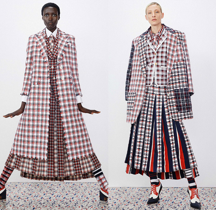 Thom Browne 2020 Resort Cruise Pre-Spring Womens Mens Lookbook Presentation - Dolphin Diving Motif Patches Embroidery Flowers Floral Foliage Starfish Fish Ocean Life Pantsuit Suit Blazer Varsity Jacket Layers Neck Tie Blouse Shirt Seersucker Stripes Plaid Check Accordion Pleats Sweaterdress Tweed Frayed Raw Hem Fur Wool Coat Cropped Pants Shorts Skirt Manskirt Kilt Shirtdress Baseball Cap Dolphin Dog Handbag Tote Briefcase Socks Kitten Heels Galoshes 