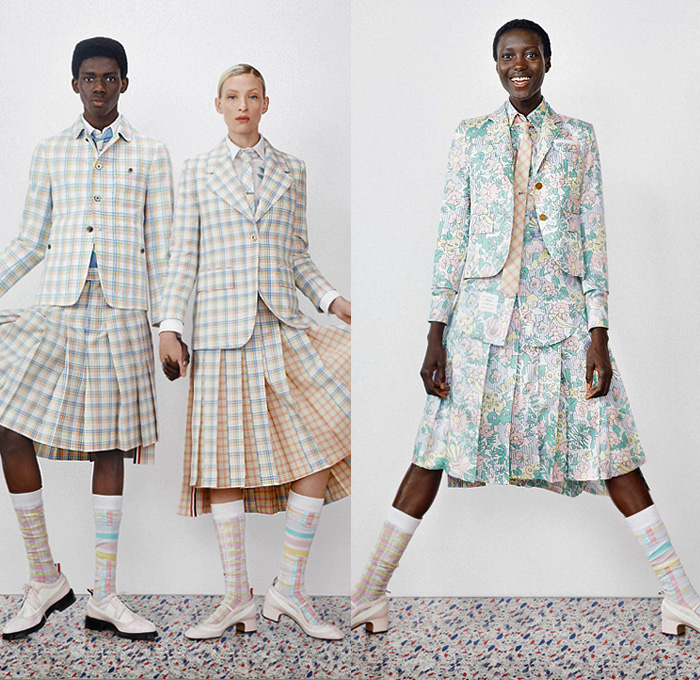 Thom Browne 2020 Resort Cruise Pre-Spring Womens Mens Lookbook Presentation - Dolphin Diving Motif Patches Embroidery Flowers Floral Foliage Starfish Fish Ocean Life Pantsuit Suit Blazer Varsity Jacket Layers Neck Tie Blouse Shirt Seersucker Stripes Plaid Check Accordion Pleats Sweaterdress Tweed Frayed Raw Hem Fur Wool Coat Cropped Pants Shorts Skirt Manskirt Kilt Shirtdress Baseball Cap Dolphin Dog Handbag Tote Briefcase Socks Kitten Heels Galoshes 