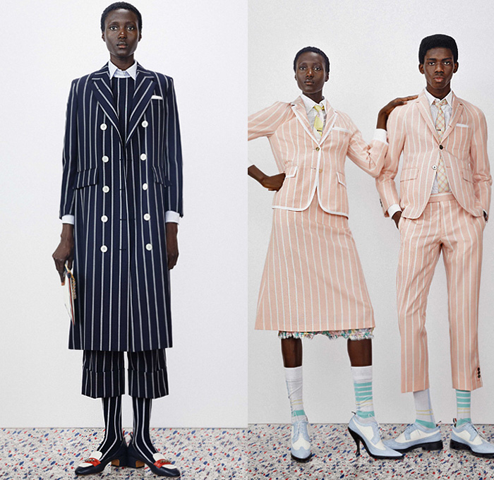 Thom Browne 2020 Resort Cruise Pre-Spring Womens Mens Lookbook Presentation - Dolphin Diving Motif Patches Embroidery Flowers Floral Foliage Starfish Fish Ocean Life Pantsuit Suit Blazer Varsity Jacket Layers Neck Tie Blouse Shirt Seersucker Stripes Plaid Check Accordion Pleats Sweaterdress Tweed Frayed Raw Hem Fur Wool Coat Cropped Pants Shorts Skirt Manskirt Kilt Shirtdress Baseball Cap Dolphin Dog Handbag Tote Briefcase Socks Kitten Heels Galoshes 