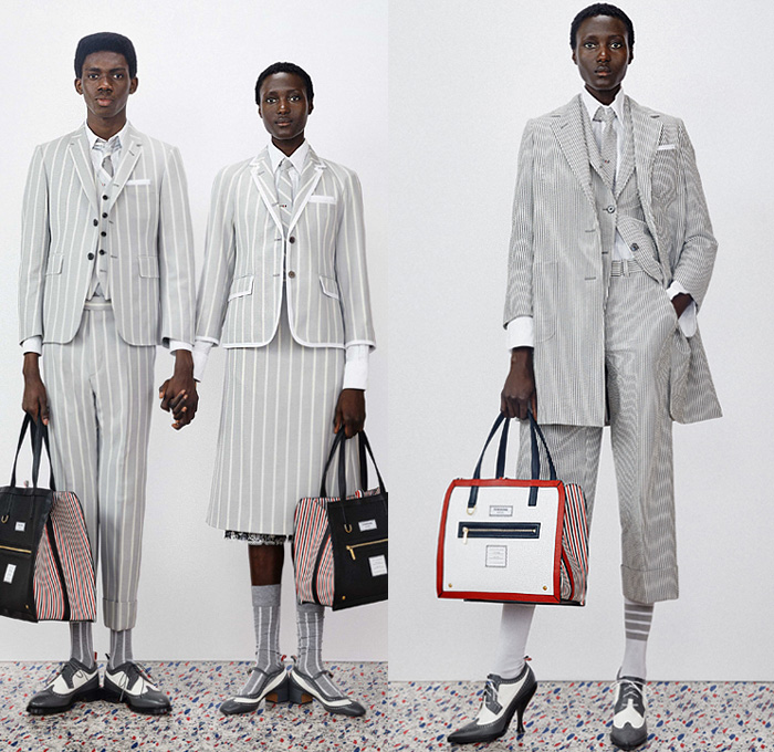 Thom Browne 2020 Resort Cruise Pre-Spring Womens Mens Lookbook Presentation - Dolphin Diving Motif Patches Embroidery Flowers Floral Foliage Starfish Fish Ocean Life Pantsuit Suit Blazer Varsity Jacket Layers Neck Tie Blouse Shirt Seersucker Stripes Plaid Check Accordion Pleats Sweaterdress Tweed Frayed Raw Hem Fur Wool Coat Cropped Pants Shorts Skirt Manskirt Kilt Shirtdress Baseball Cap Dolphin Dog Handbag Tote Briefcase Socks Kitten Heels Galoshes 