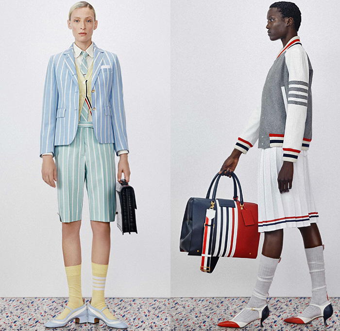 Thom Browne 2020 Resort Cruise Pre-Spring Womens Mens Lookbook Presentation - Dolphin Diving Motif Patches Embroidery Flowers Floral Foliage Starfish Fish Ocean Life Pantsuit Suit Blazer Varsity Jacket Layers Neck Tie Blouse Shirt Seersucker Stripes Plaid Check Accordion Pleats Sweaterdress Tweed Frayed Raw Hem Fur Wool Coat Cropped Pants Shorts Skirt Manskirt Kilt Shirtdress Baseball Cap Dolphin Dog Handbag Tote Briefcase Socks Kitten Heels Galoshes 