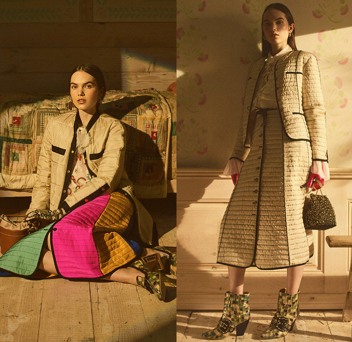 Tory Burch 2020 Resort Cruise Pre-Spring Womens Lookbook Presentation - Family Farm Memories Wildflowers Floral Bedazzled Sequins Gems Crystals Beads Embroidery American Folk Quilted Puffer Satin Gauzy Eyelets Rustic Homespun Birds Crane Butterflies Wool Coat Scarf Chain Pantsuit Shearling Plaid Check Jacket Knit Sweater Accordion Pleats Tiered Dress Lace Cutwork Sheer Ruffles Bell Sleeves Poufy Shoulders Denim Jeans Flare Tiled Ankle Alligator Boots Handbag Tote