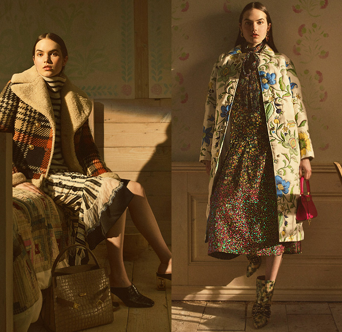 Tory Burch 2020 Resort Cruise Pre-Spring Womens Lookbook Presentation - Family Farm Memories Wildflowers Floral Bedazzled Sequins Gems Crystals Beads Embroidery American Folk Quilted Puffer Satin Gauzy Eyelets Rustic Homespun Birds Crane Butterflies Wool Coat Scarf Chain Pantsuit Shearling Plaid Check Jacket Knit Sweater Accordion Pleats Tiered Dress Lace Cutwork Sheer Ruffles Bell Sleeves Poufy Shoulders Denim Jeans Flare Tiled Ankle Alligator Boots Handbag Tote