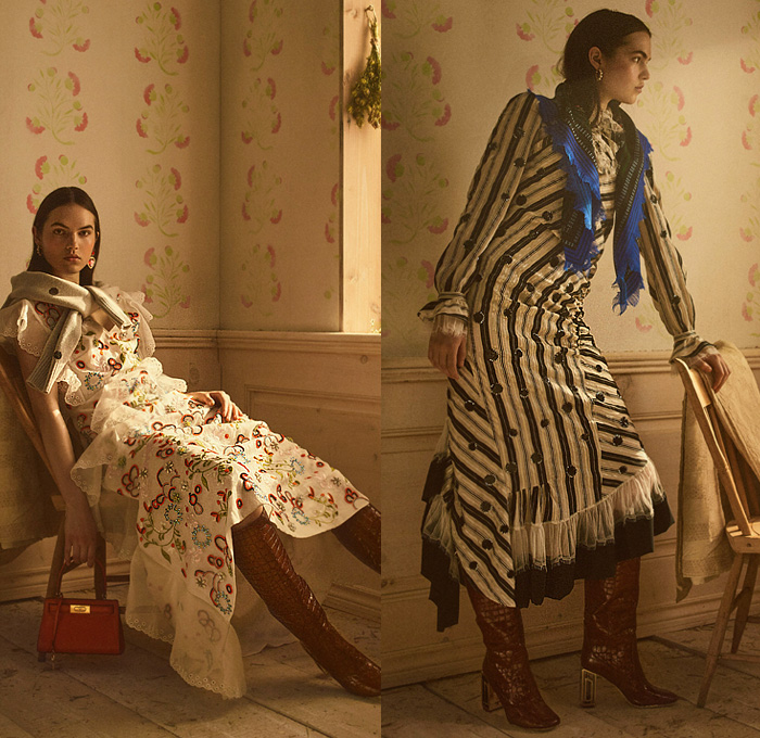 Tory Burch 2020 Resort Cruise Pre-Spring Womens Lookbook Presentation - Family Farm Memories Wildflowers Floral Bedazzled Sequins Gems Crystals Beads Embroidery American Folk Quilted Puffer Satin Gauzy Eyelets Rustic Homespun Birds Crane Butterflies Wool Coat Scarf Chain Pantsuit Shearling Plaid Check Jacket Knit Sweater Accordion Pleats Tiered Dress Lace Cutwork Sheer Ruffles Bell Sleeves Poufy Shoulders Denim Jeans Flare Tiled Ankle Alligator Boots Handbag Tote