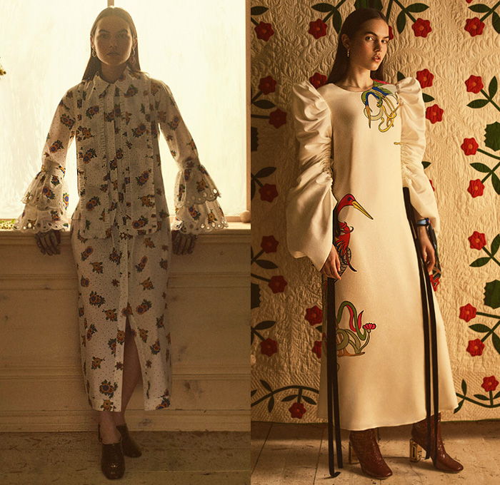 Tory Burch 2020 Resort Cruise Pre-Spring Womens Lookbook Presentation - Family Farm Memories Wildflowers Floral Bedazzled Sequins Gems Crystals Beads Embroidery American Folk Quilted Puffer Satin Gauzy Eyelets Rustic Homespun Birds Crane Butterflies Wool Coat Scarf Chain Pantsuit Shearling Plaid Check Jacket Knit Sweater Accordion Pleats Tiered Dress Lace Cutwork Sheer Ruffles Bell Sleeves Poufy Shoulders Denim Jeans Flare Tiled Ankle Alligator Boots Handbag Tote