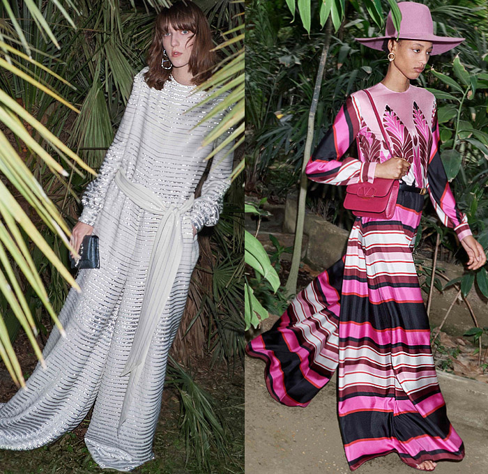 Valentino 2020 Resort Cruise Pre-Spring Womens Lookbook Presentation Pierpaolo Piccioli - Orto Botanico Denim Jeans Turtleneck Pea Coat Head Scarf Bedazzled Embroidery Sequins Feathers Pantsuit Onesie Jumpsuit Coveralls Wide Leg Silk Satin Leaves Flowers Tiles Art Deco Pussycat Bow Maxi Dress Gown Fringes Tassels Sheer Chiffon Ruffles Mermaid Wide Belt Cape Hanging Sleeve Logo Mania Blouse Shirtdress Stars Handbag Purse Floppy Hat Boots