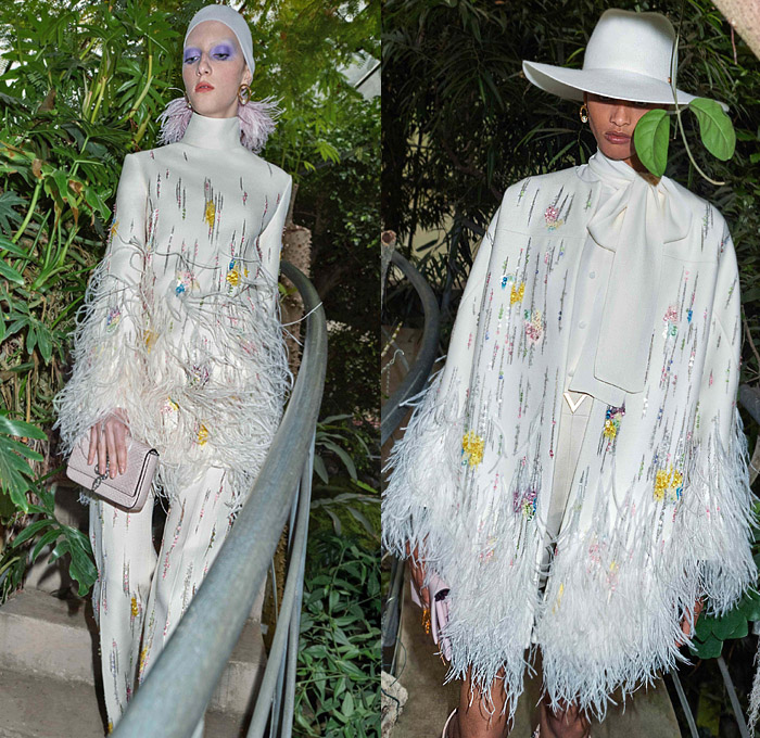 Valentino 2020 Resort Cruise Pre-Spring Womens Lookbook Presentation Pierpaolo Piccioli - Orto Botanico Denim Jeans Turtleneck Pea Coat Head Scarf Bedazzled Embroidery Sequins Feathers Pantsuit Onesie Jumpsuit Coveralls Wide Leg Silk Satin Leaves Flowers Tiles Art Deco Pussycat Bow Maxi Dress Gown Fringes Tassels Sheer Chiffon Ruffles Mermaid Wide Belt Cape Hanging Sleeve Logo Mania Blouse Shirtdress Stars Handbag Purse Floppy Hat Boots