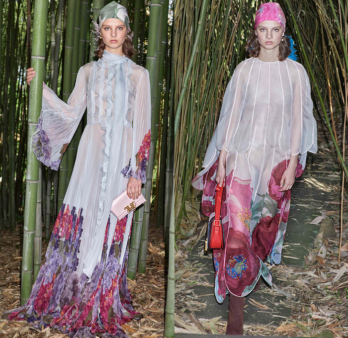 Valentino 2020 Resort Cruise Pre-Spring Womens Lookbook Presentation Pierpaolo Piccioli - Orto Botanico Denim Jeans Turtleneck Pea Coat Head Scarf Bedazzled Embroidery Sequins Feathers Pantsuit Onesie Jumpsuit Coveralls Wide Leg Silk Satin Leaves Flowers Tiles Art Deco Pussycat Bow Maxi Dress Gown Fringes Tassels Sheer Chiffon Ruffles Mermaid Wide Belt Cape Hanging Sleeve Logo Mania Blouse Shirtdress Stars Handbag Purse Floppy Hat Boots