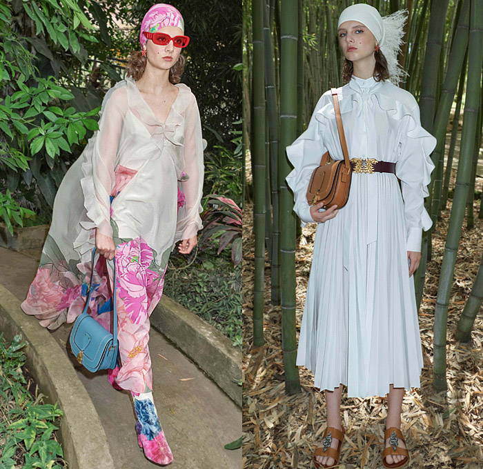 Valentino 2020 Resort Cruise Pre-Spring Womens Lookbook Presentation Pierpaolo Piccioli - Orto Botanico Denim Jeans Turtleneck Pea Coat Head Scarf Bedazzled Embroidery Sequins Feathers Pantsuit Onesie Jumpsuit Coveralls Wide Leg Silk Satin Leaves Flowers Tiles Art Deco Pussycat Bow Maxi Dress Gown Fringes Tassels Sheer Chiffon Ruffles Mermaid Wide Belt Cape Hanging Sleeve Logo Mania Blouse Shirtdress Stars Handbag Purse Floppy Hat Boots