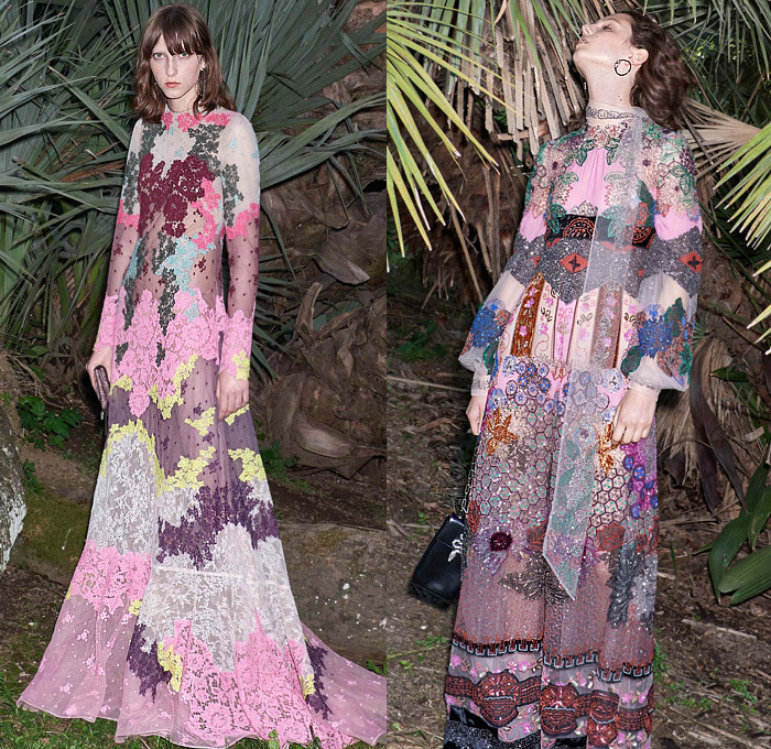 Valentino 2020 Resort Cruise Pre-Spring Womens Lookbook Presentation Pierpaolo Piccioli - Orto Botanico Denim Jeans Turtleneck Pea Coat Head Scarf Bedazzled Embroidery Sequins Feathers Pantsuit Onesie Jumpsuit Coveralls Wide Leg Silk Satin Leaves Flowers Tiles Art Deco Pussycat Bow Maxi Dress Gown Fringes Tassels Sheer Chiffon Ruffles Mermaid Wide Belt Cape Hanging Sleeve Logo Mania Blouse Shirtdress Stars Handbag Purse Floppy Hat Boots