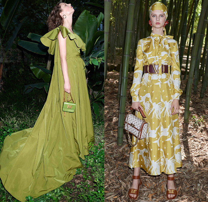 Valentino 2020 Resort Cruise Pre-Spring Womens Lookbook Presentation Pierpaolo Piccioli - Orto Botanico Denim Jeans Turtleneck Pea Coat Head Scarf Bedazzled Embroidery Sequins Feathers Pantsuit Onesie Jumpsuit Coveralls Wide Leg Silk Satin Leaves Flowers Tiles Art Deco Pussycat Bow Maxi Dress Gown Fringes Tassels Sheer Chiffon Ruffles Mermaid Wide Belt Cape Hanging Sleeve Logo Mania Blouse Shirtdress Stars Handbag Purse Floppy Hat Boots