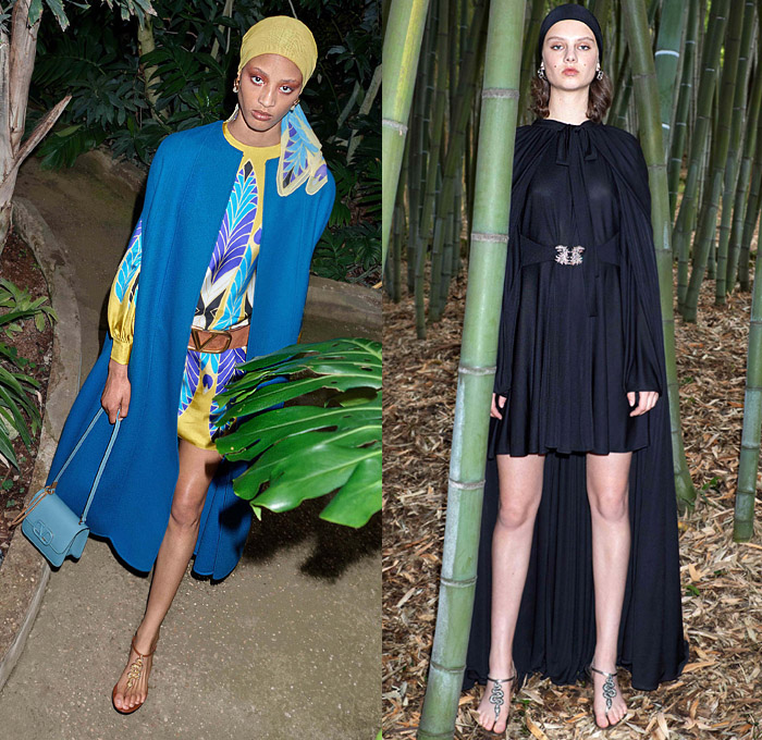 Valentino 2020 Resort Cruise Pre-Spring Womens Lookbook Presentation Pierpaolo Piccioli - Orto Botanico Denim Jeans Turtleneck Pea Coat Head Scarf Bedazzled Embroidery Sequins Feathers Pantsuit Onesie Jumpsuit Coveralls Wide Leg Silk Satin Leaves Flowers Tiles Art Deco Pussycat Bow Maxi Dress Gown Fringes Tassels Sheer Chiffon Ruffles Mermaid Wide Belt Cape Hanging Sleeve Logo Mania Blouse Shirtdress Stars Handbag Purse Floppy Hat Boots